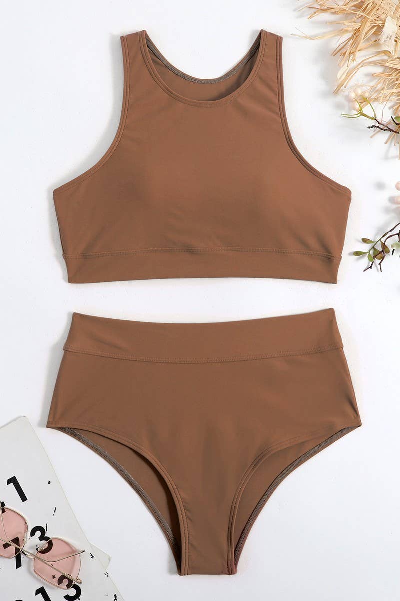 CWMW0889_HIGH WAIST VEST SPORTS SWIMSUIT TWO-PIECE SET