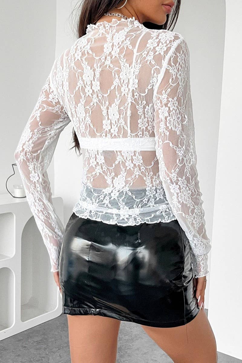 CWTBLL3465_LACE SEE-THROUGH RUFFLED SLIM-FIT LONGSLEEVED TOP