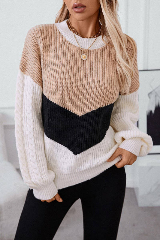 CWOSWL2877_CONTRAST CREW NECK LOOSE CABLE KNIT SWEATER