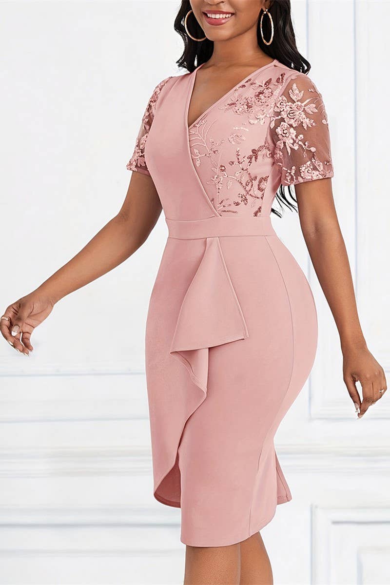 CWDSD7647_ELEGANT RUFFLE STITCHING SLIM FIT HIP DRESS