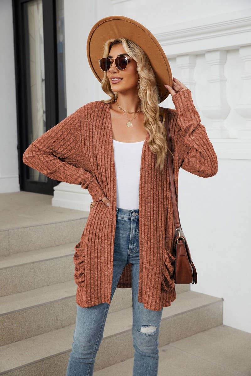 CWOCAL1881_SOLID COLOR POCKET LONG SLEEVE KNIT CARDIGAN