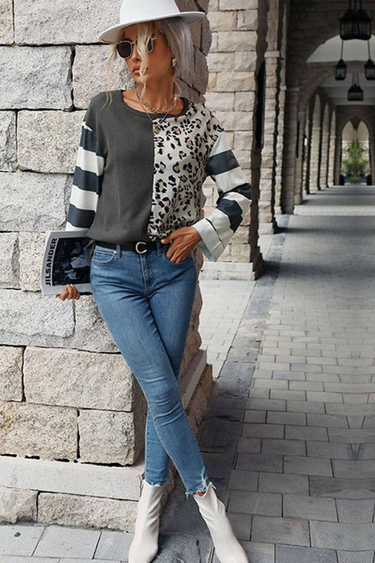 CWTTL1945_AUTUMN CASUAL PATCHWORK STRIPED SWEATER