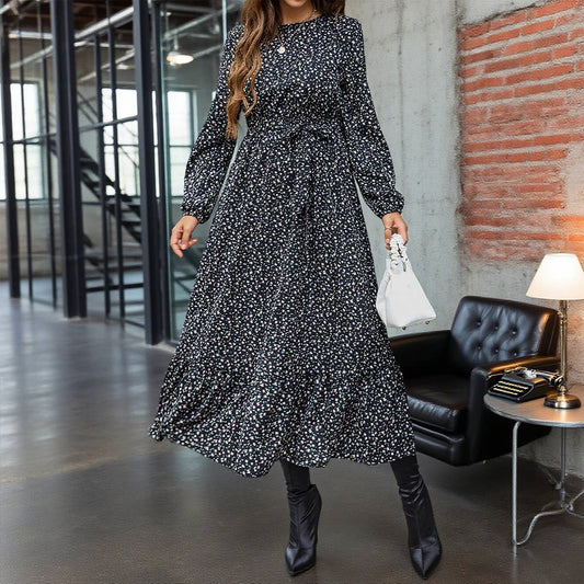 Elegant commuting round-neck lace-up dress
