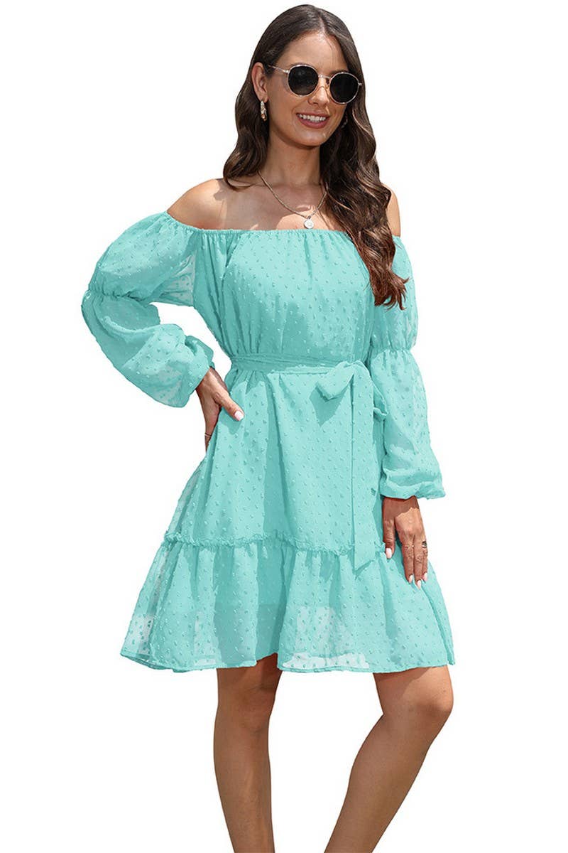 CWDSD8400_OFF SHOULDER POM POM CHIFFON BELTED DRESS