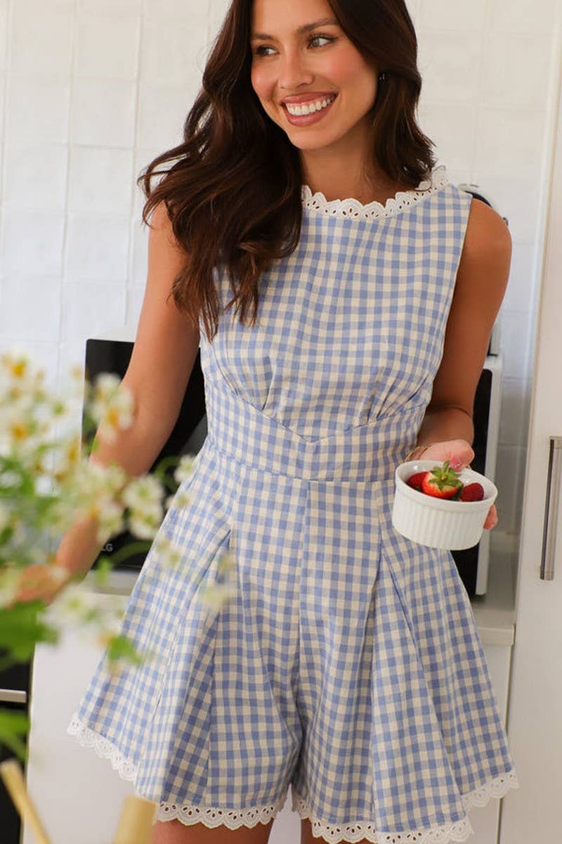 CWSJS1651_CHIC PLAID SLEEVELESS STAND COLLAR ROMPER