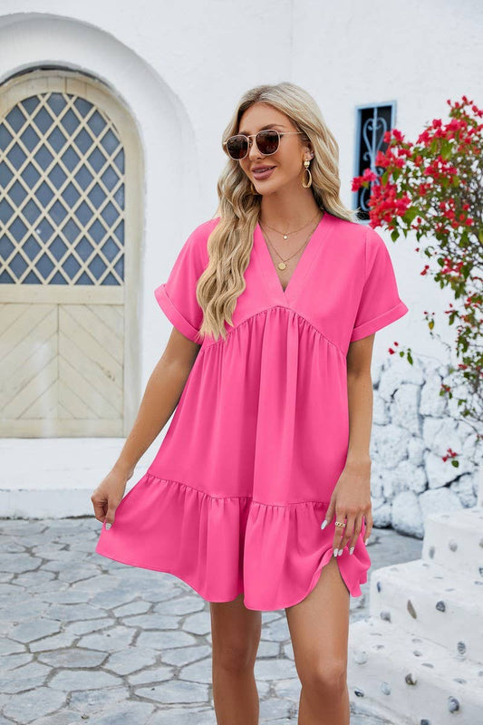 CWDSD3113_V Neck Tiered Short Sleeve Dress