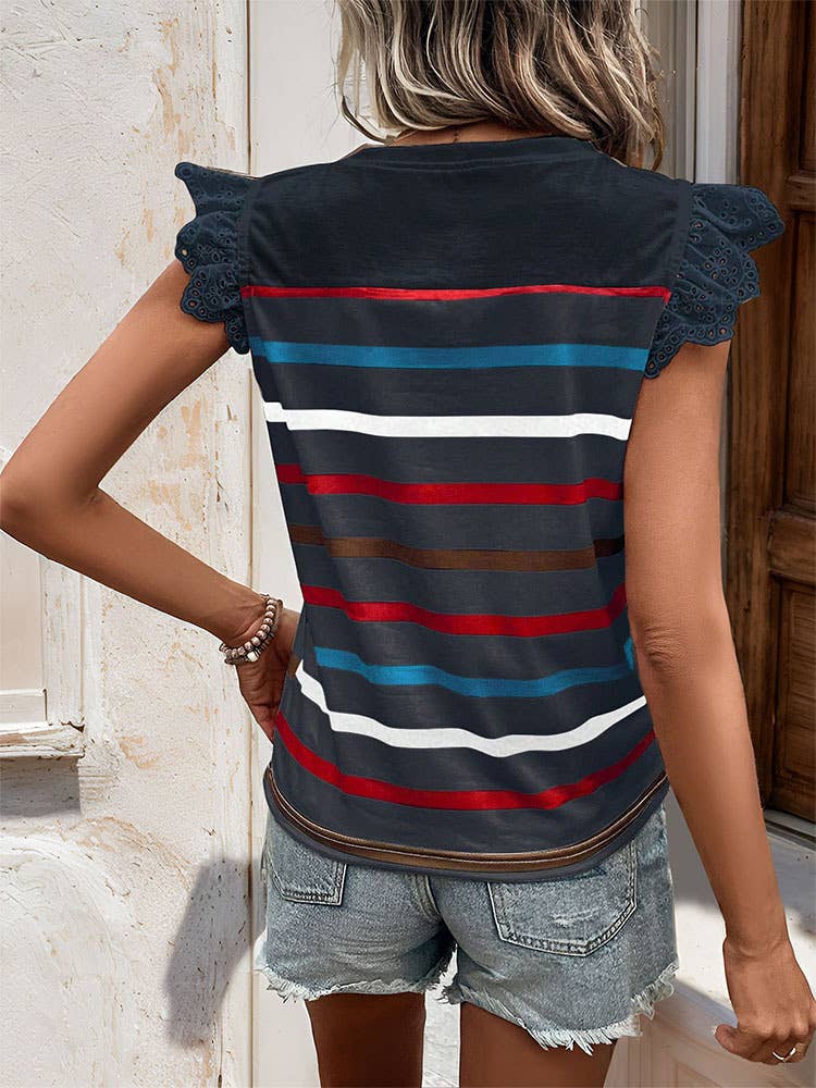 Casual lace striped T-shirt with ruffled sleeves