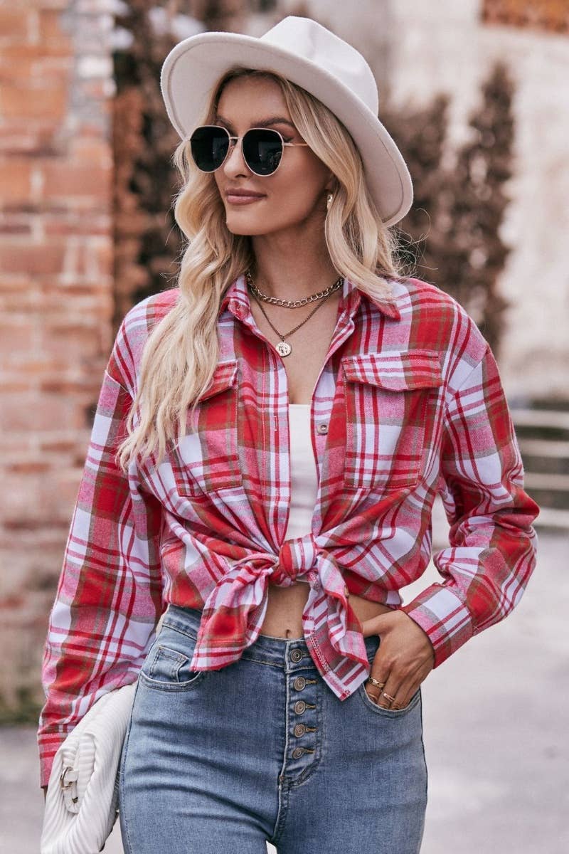 CWTSTL2188_AUTUMN WINTER POCKET PLAID LONG-SLEEVED SHIRT