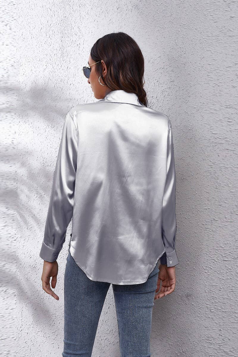 CWTBLL0691_Button Down Silky Satin Long Sleeve Top