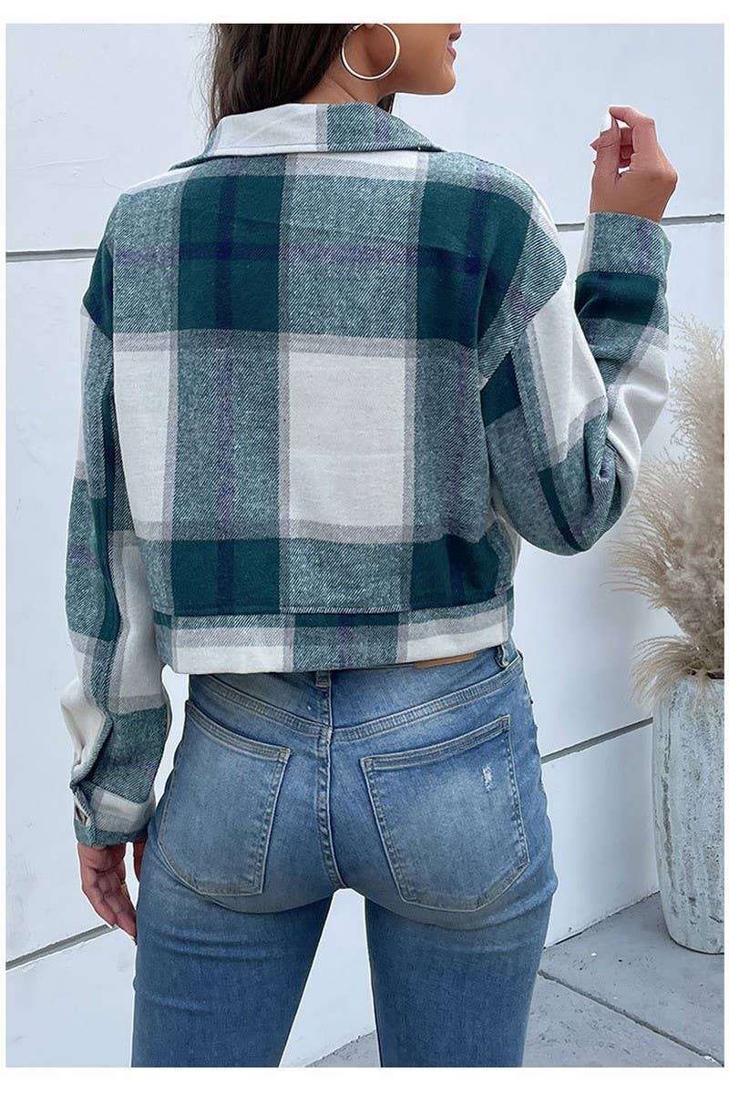 CWOJA0824_CROPPED PLAID CARDIGAN LAPEL JACKET