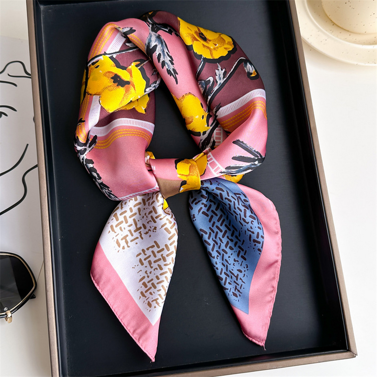 Lily Print Satin Square Scarf for Summer Sun