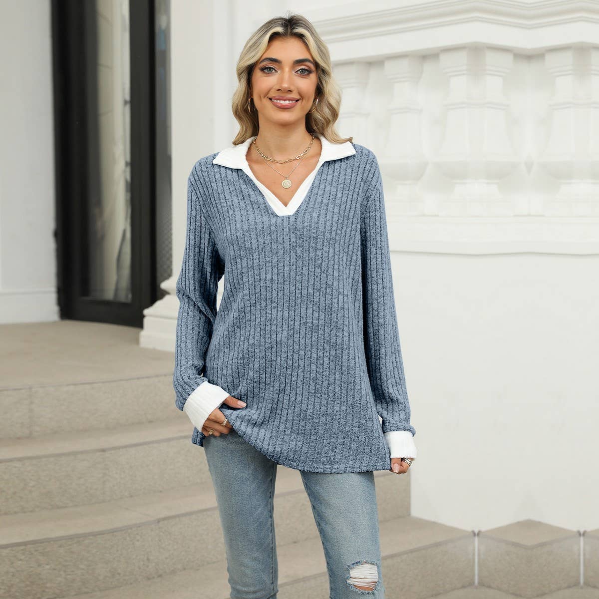 Color-matching lapel long-sleeved baggy T-shirt