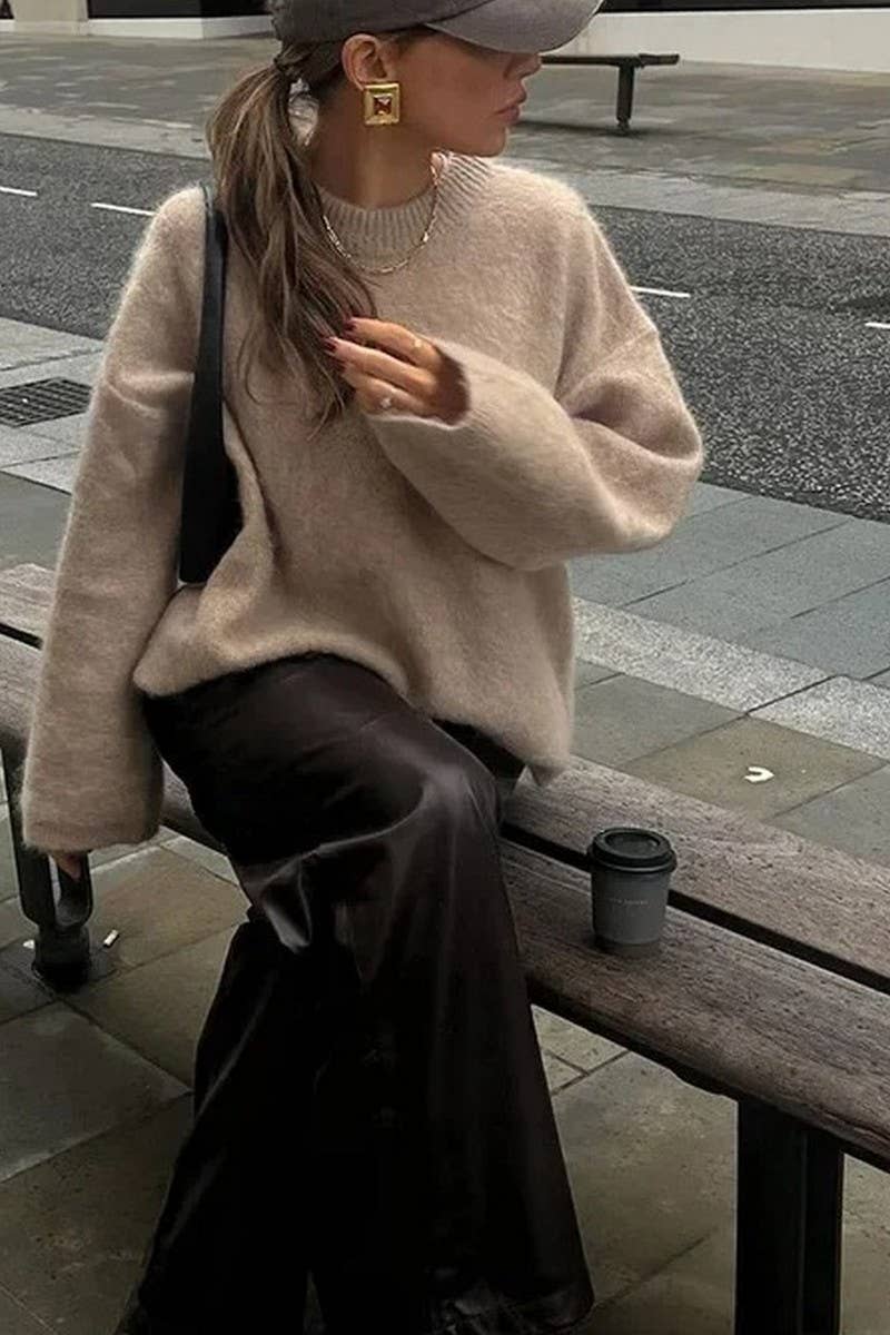 CWOSWL6688_LONG SLEEVE BRUSHED CREW NECK PULLOVER TOP