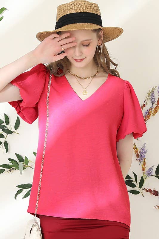 CWTBLS202_V NECK PUFF SHORT SLEEVE BLOUS FORMAL TUNIC TOP