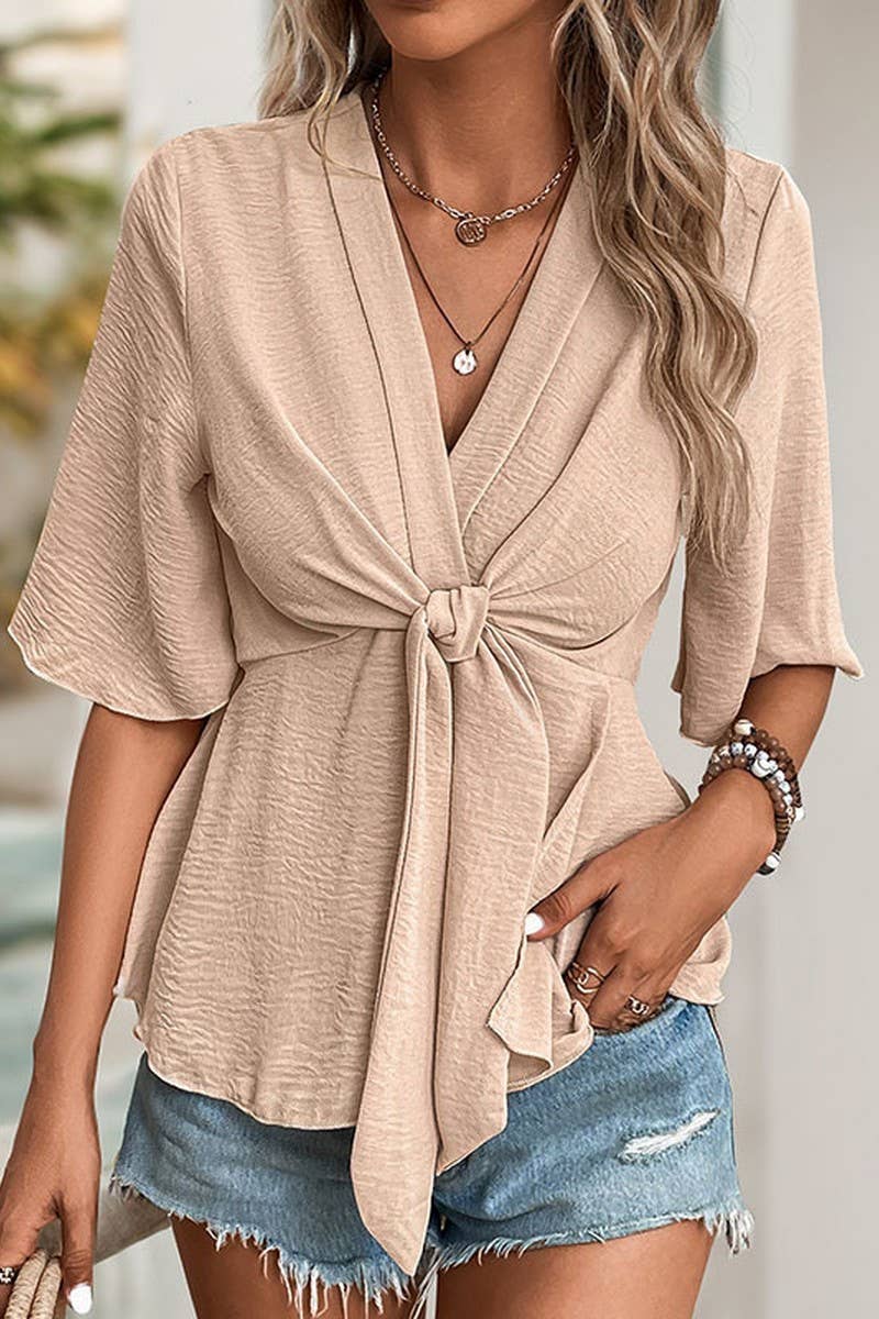 CWTBLS0984_V-NECK SOLID COLOR WRAP SHIRT