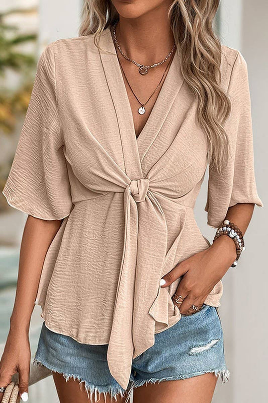 CWTBLS0984_V-NECK SOLID COLOR WRAP SHIRT