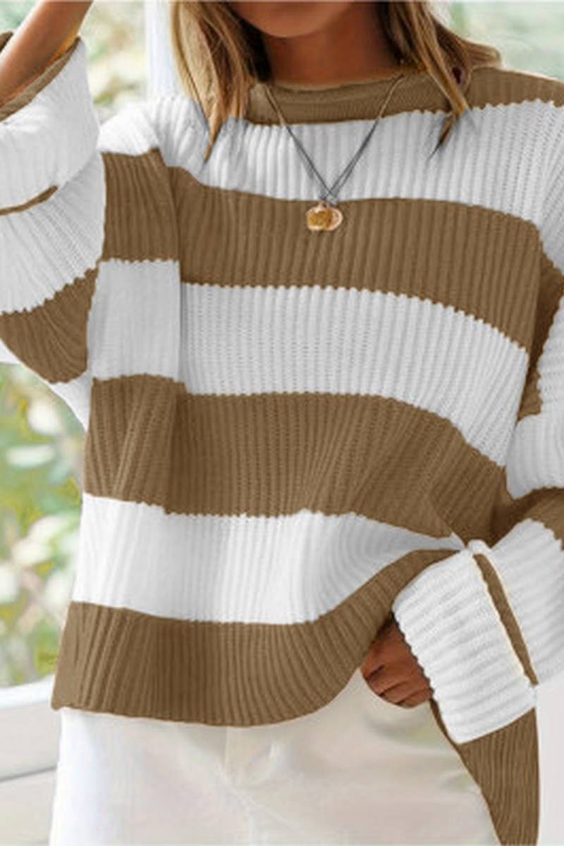 CWOSWL07625_RETRO COLORBLOCK STRIPED LOOSE KNIT SWEATER