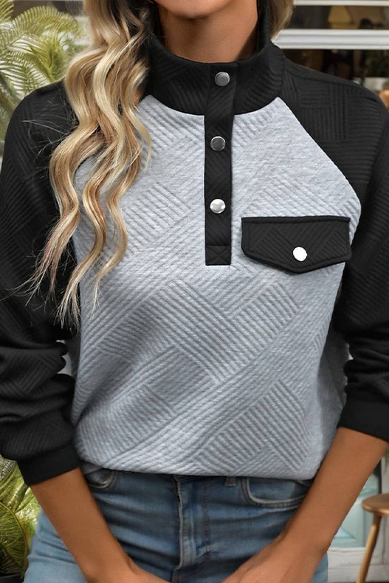 CWTBLL1250_CONTRAST COLOR STAND COLLAR TEXTURED SWEATSHIRT