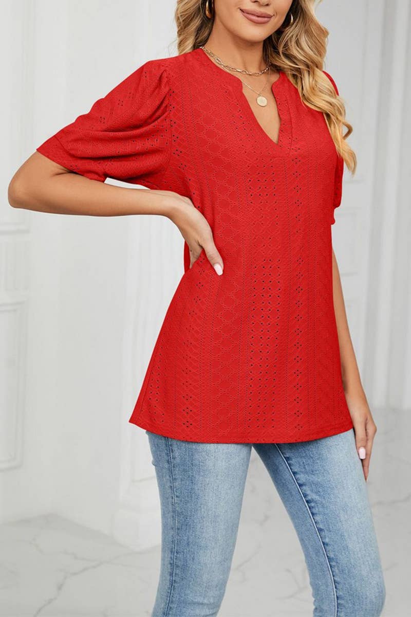 CWTTS1354_SUMMER CASUAL V-NECK SOLID COLOR LOOSE T-SHIRT
