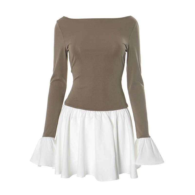 COLOR CONTRAST SPLICING SEXY LONG SLEEVE DRESS