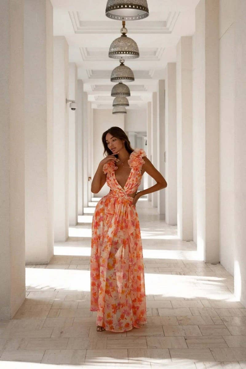 CWDMD5618_VACATION FLORAL CUTOUT DEEP V BACKLESS MAXI DRESS