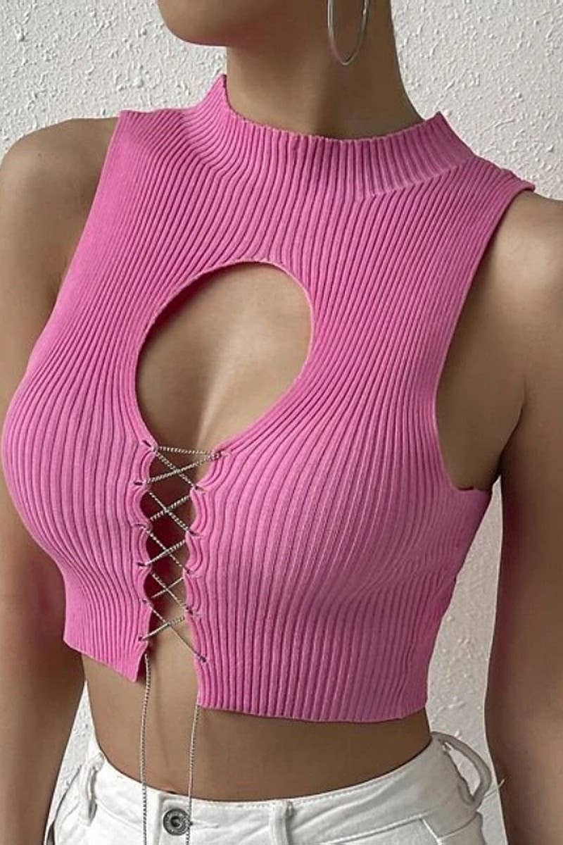 CWTTSL0367_SEXY HOLLOW STRAP SOLID COLOR SLIM FIT KNIT VEST