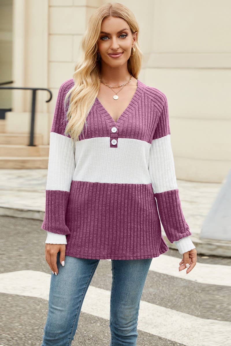 CWOSWL6830_NEW LONG SLEEVE V-NECK CONTRAST LOOSE BUTTON TOP