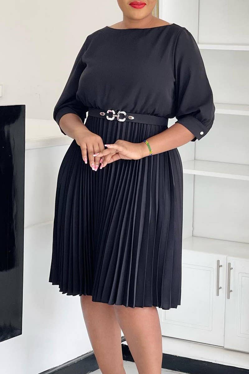 CWDMD01270_2025 ELEGANT PLEATED ROUND NECK MIDI DRESS