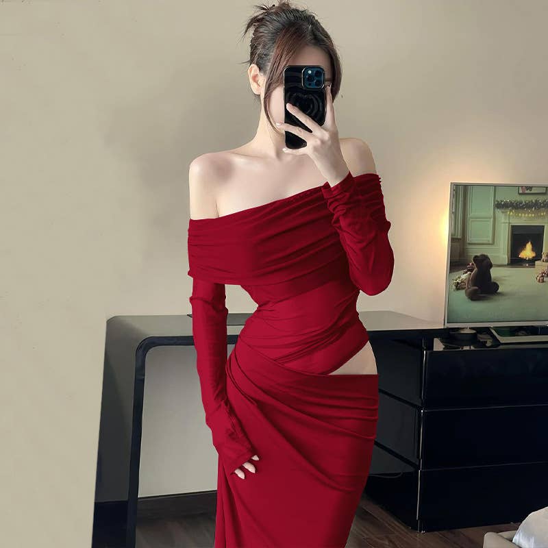 A one-shoulder mesh tulle patchwork cutout dress