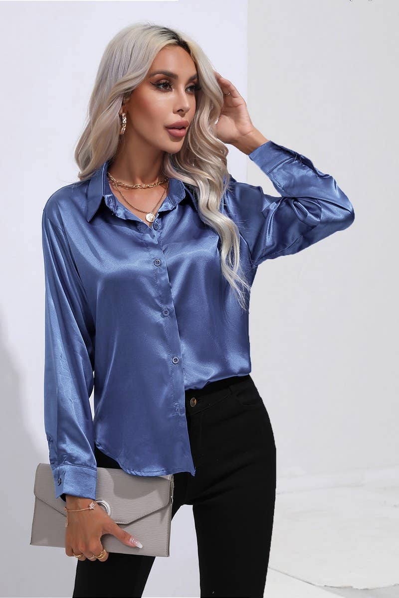 CWTBLL0690_Button Down Silky Satin Long Sleeve Top