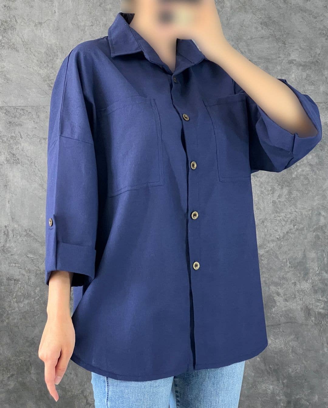CASUAL LAPEL SOLID COLOR BAGGY POCKET BAGGY SHIRT