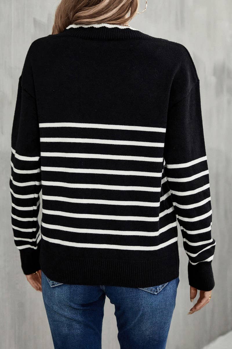 CWOSWL1706_V-neck Long Sleeve Striped Pullover Sweater
