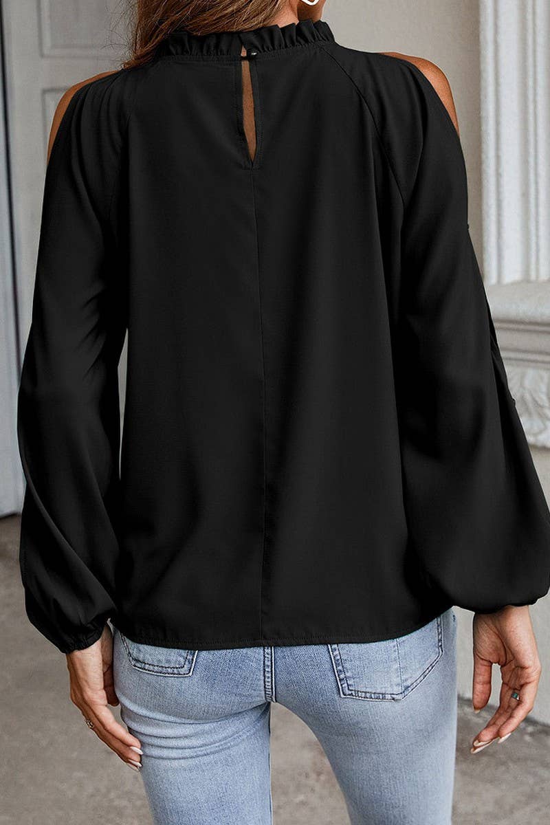 CWTBLL4083_SOLID RUFFLE MOCK NECK RUCHED COLD SHOULDER TOP