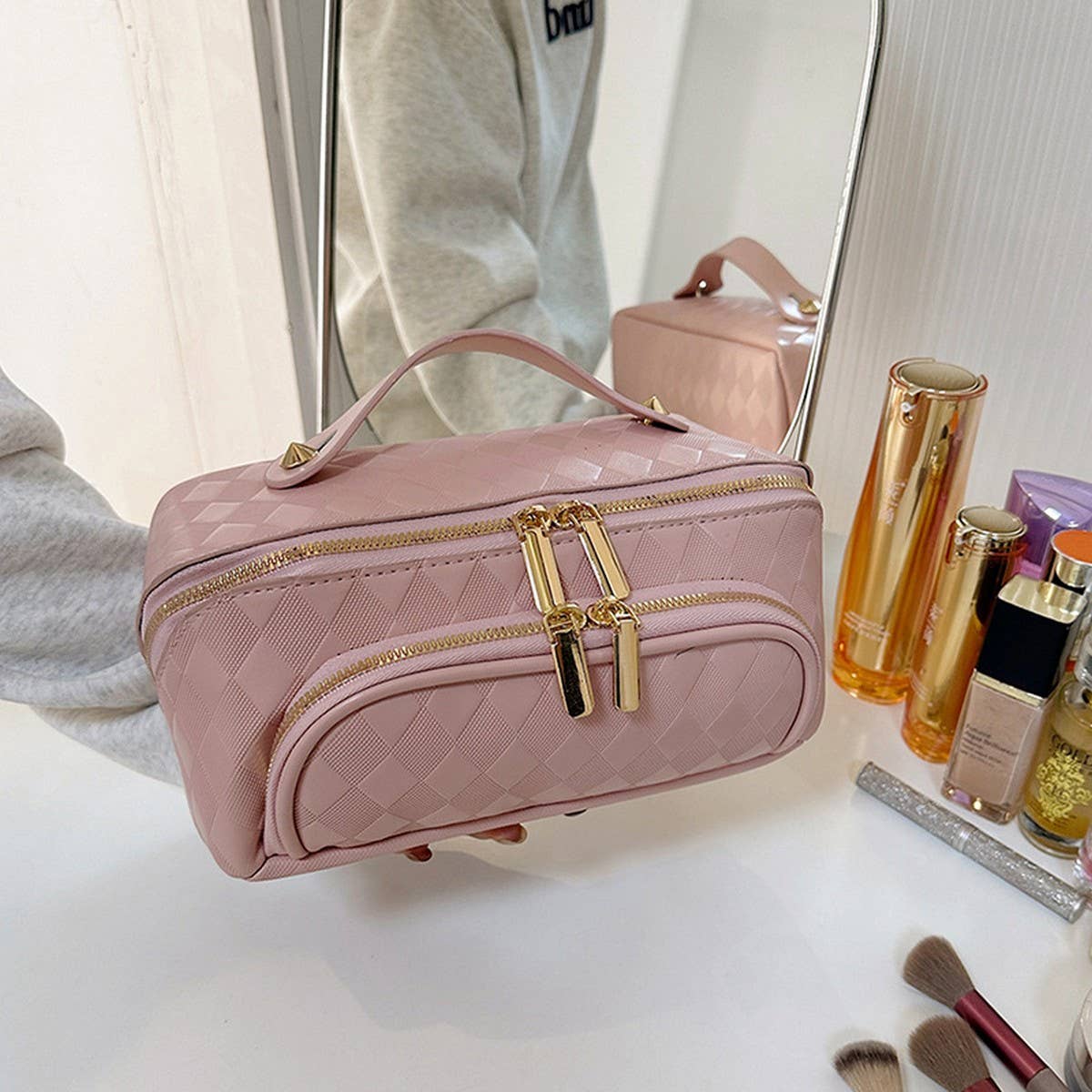 NEW PU LEATHER DIAMOND PATTERN COSMETIC BAG_CWAB4424