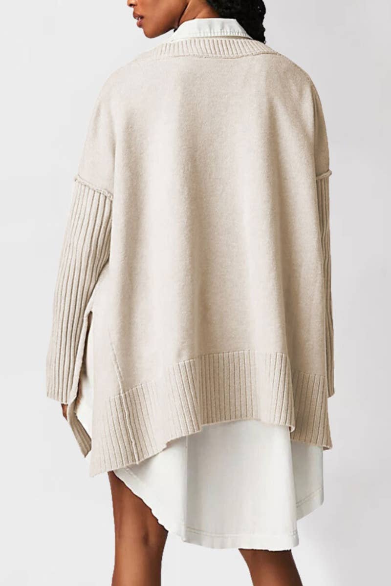 CWOSWL5822_V-NECK LONG SLEEVE SWEATER WITH IRREGULAR SPLIT