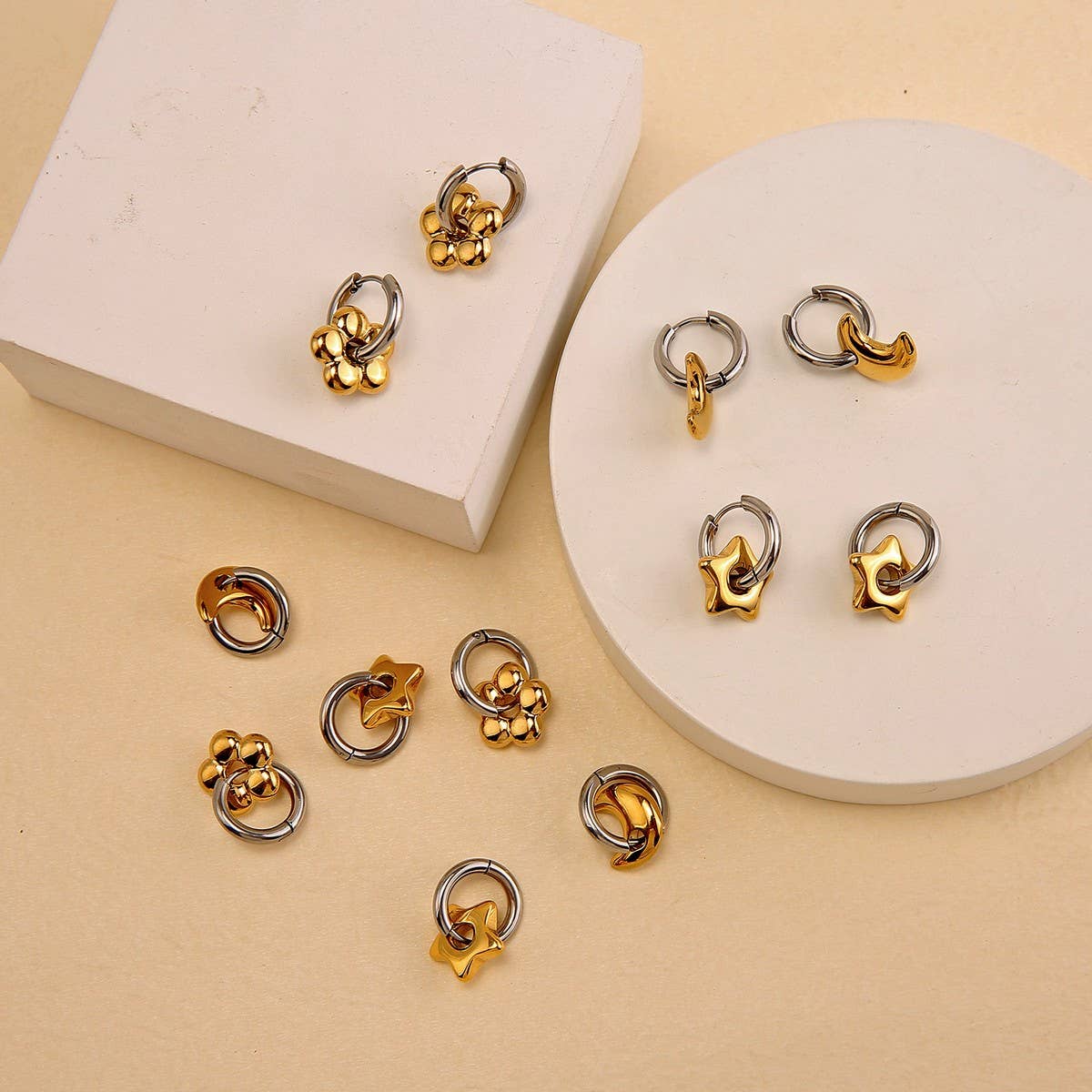 Elegant 18K Steel Star & Moon Hoop Earrings