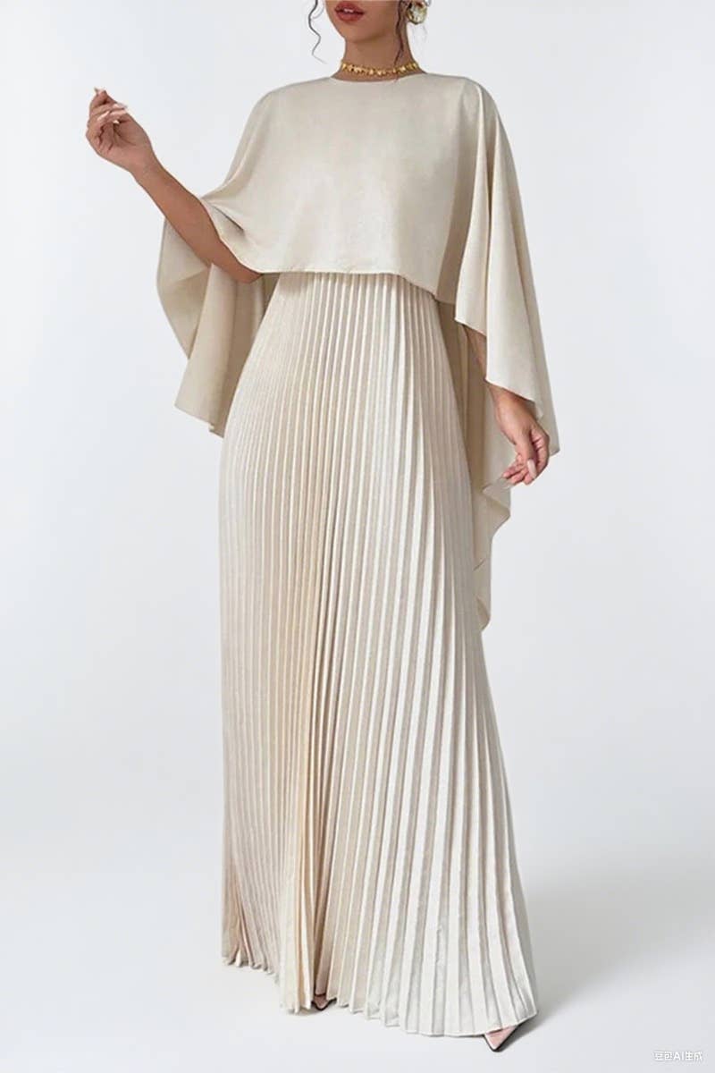 CWDMD6381_LOOSE BAT SLEEVE PLEATED IRREGULAR ELEGANT DRESS
