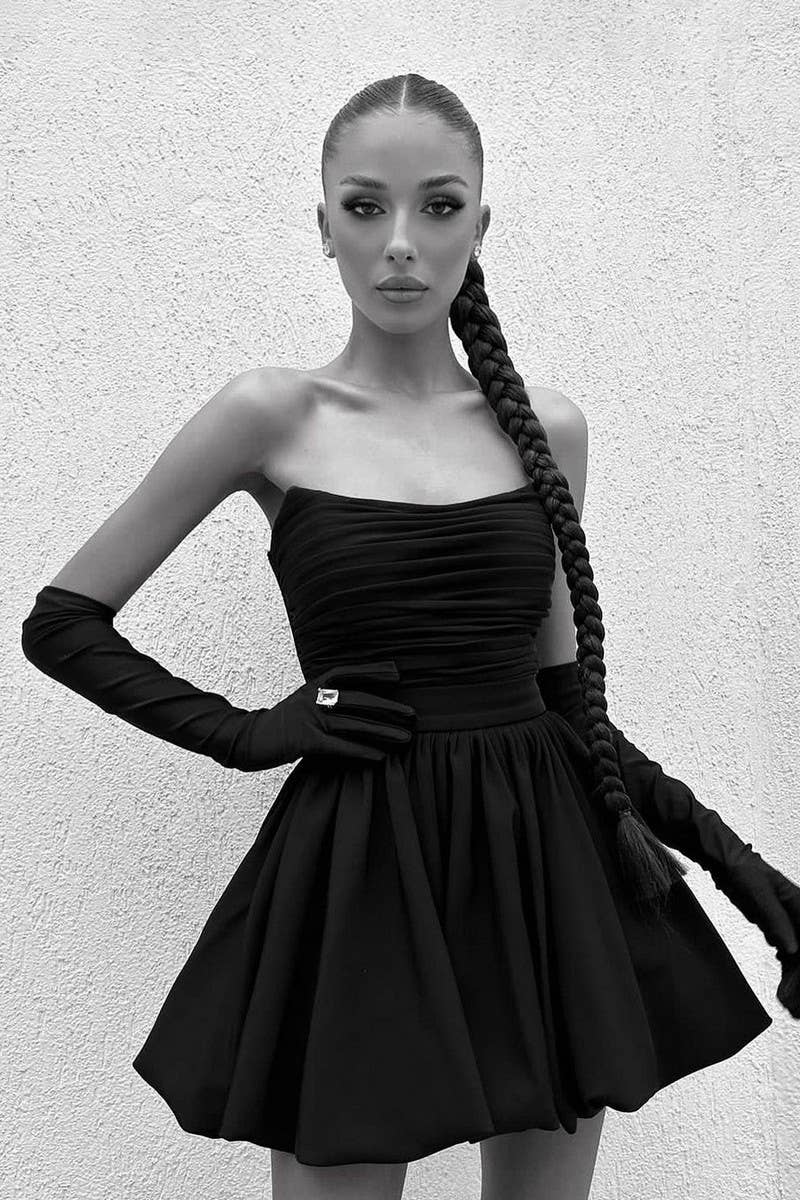 CWDTD0473_RUCHED STRAPLESS LITTLE BLACK A-LINE DRESS