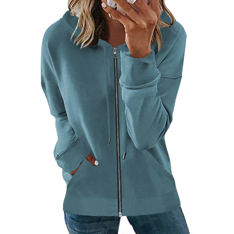 CASUAL SOLID COLOR HOODED ZIP-UP CARDIGAN
