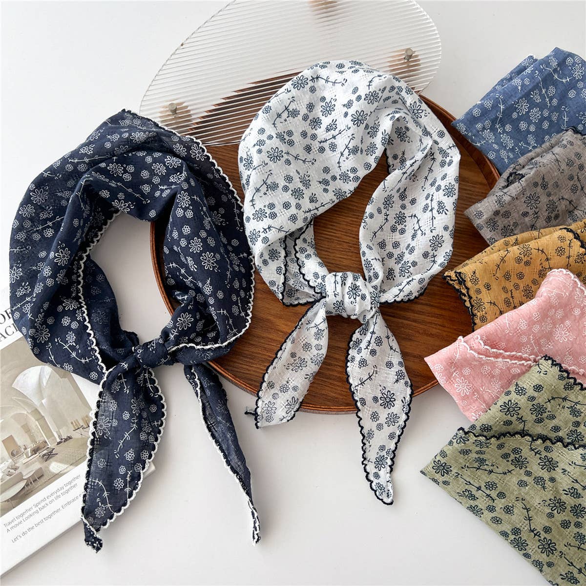Lace Trim Cotton Linen Floral Triangle Scarf