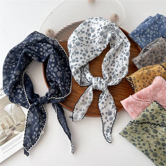 Lace Trim Cotton Linen Floral Triangle Scarf