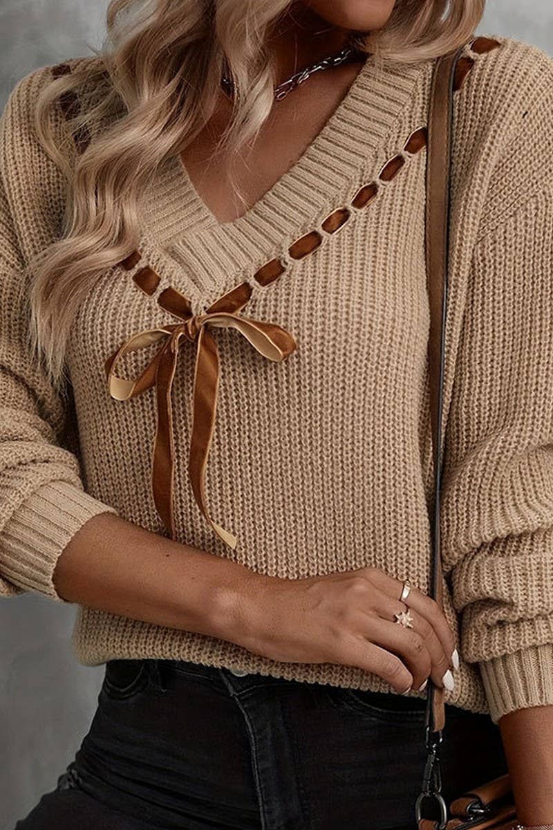 CWOSWL5804_V-NECK BOW LOOSE PULLOVER KNIT TOP