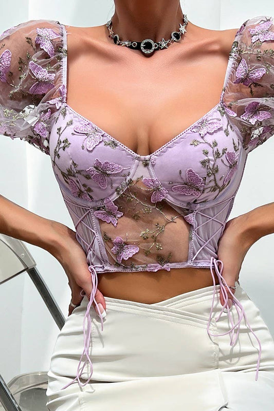 CWTBLS0491_DEEP V-NECK SHORT SLEEVE SEXY MESH PRINT TOP