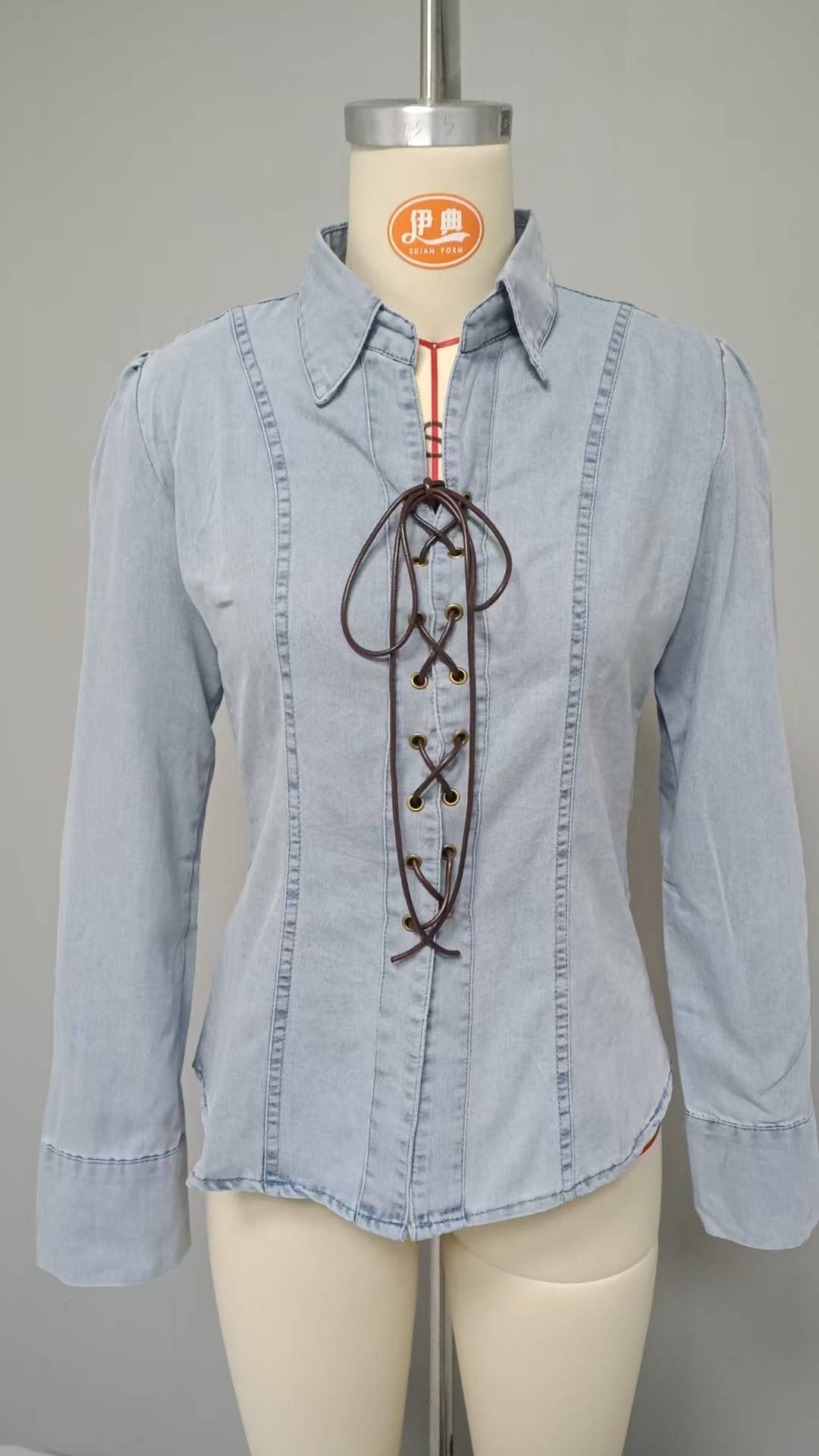 DESIGN LACE-UP LONG SLEEVE SLIT WAIST DENIM SHIRT