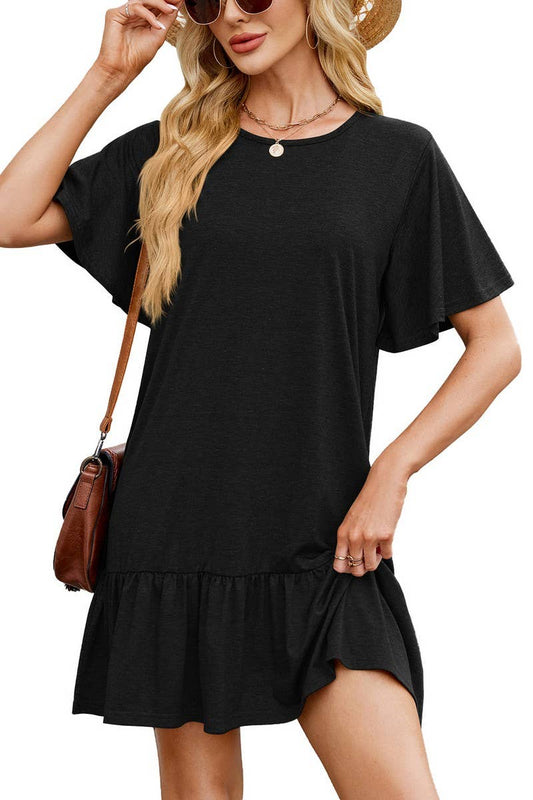 CWDSD8727_SOLID RUCHED SHORT SLEEVE CASUAL CREWNECK DRESS