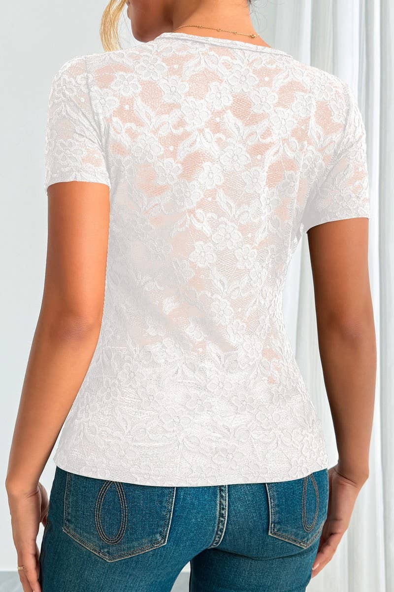 CWTBLS2121_SOLID SLIM FIT V-NECK LACE SHORT SLEEVE TOP