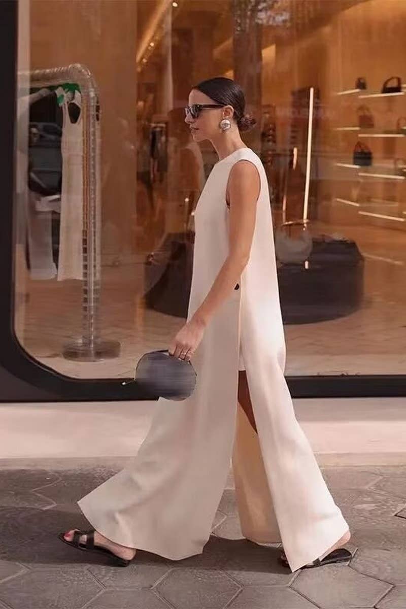 CWDMD2734_SOLID COLOR ROUND NECK SLEEVELESS SLIT LONG DRESS