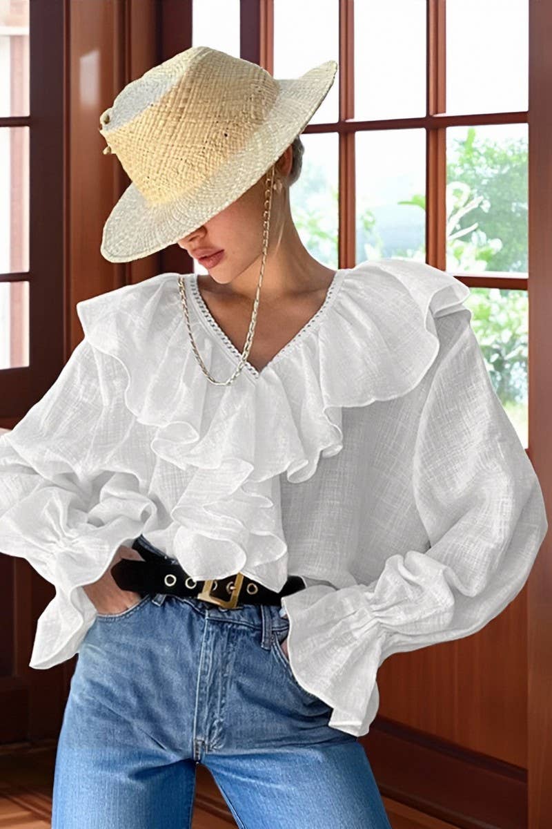 CWTBLL552_SOLID COLOR DROPPED SHOULDER SLEEVE LACE SHIRT