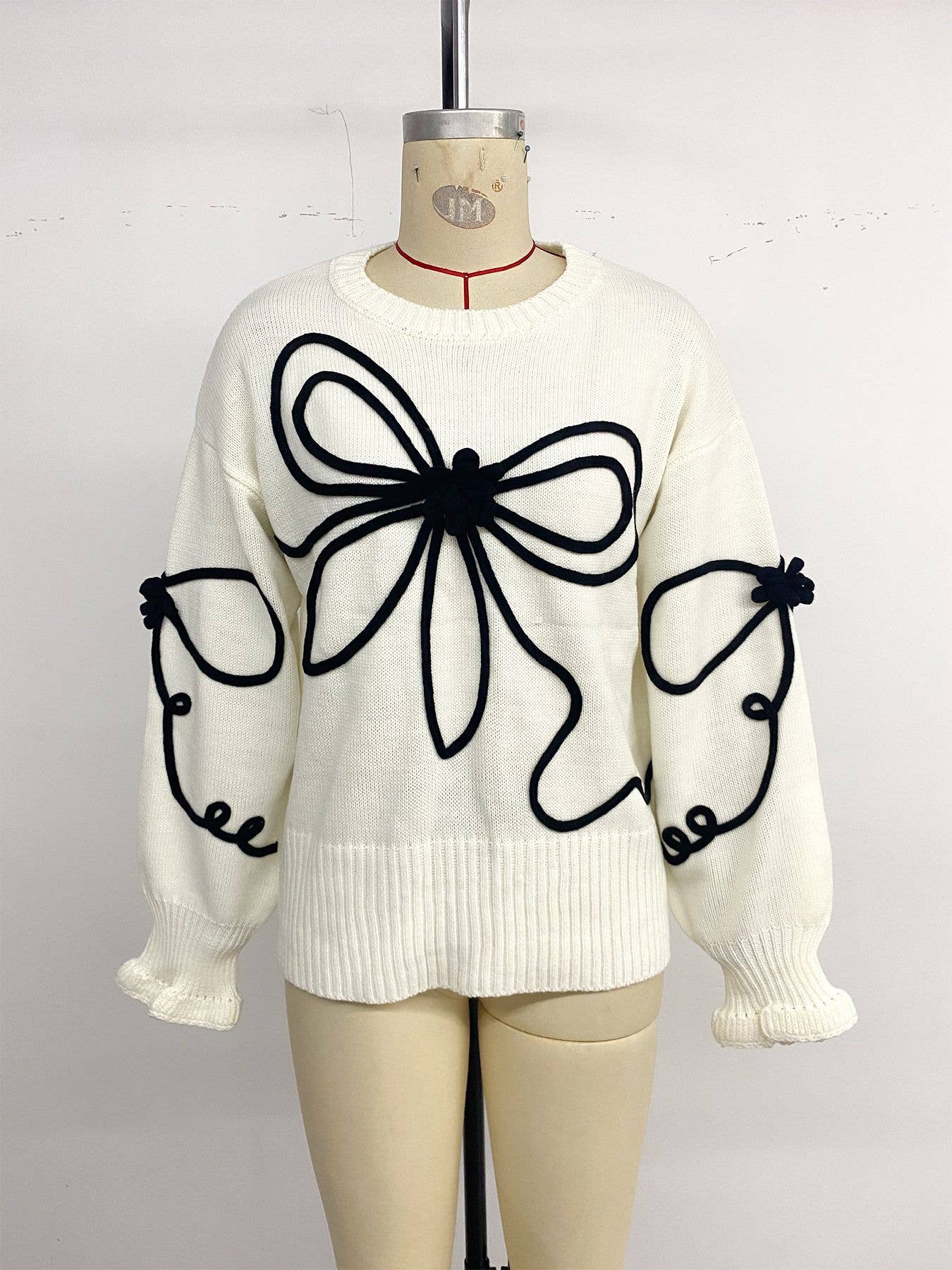 Color-blocking bow pullover long-sleeved sweater