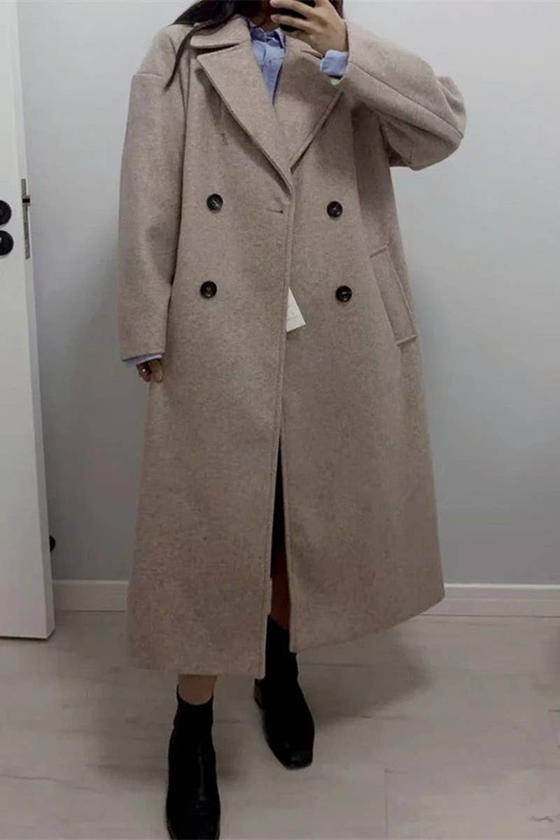 CWOCO1098_SOLID COLOR LAPEL LOOSE DOUBLE-BREASTED LONG COAT